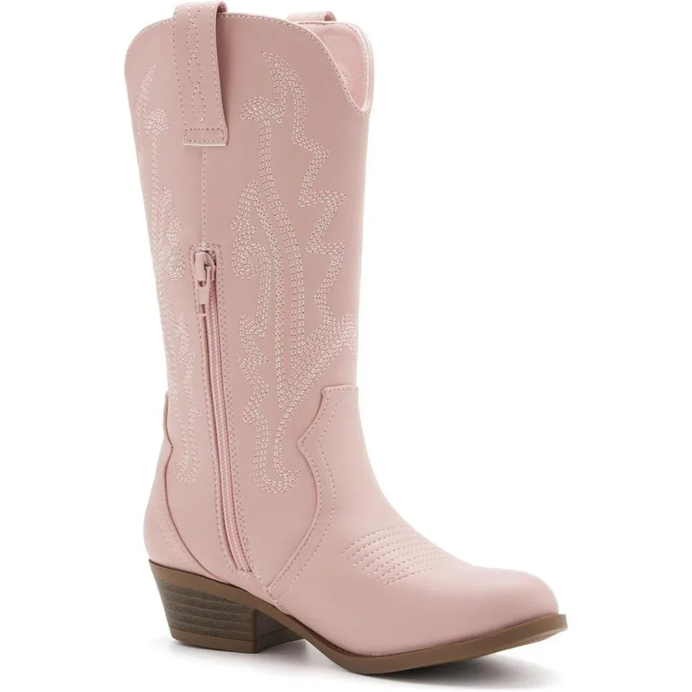 ⚡Girls Pink Kids Western Boots Embroidered Cowgirl Boots Riding Shoes Mid Calf